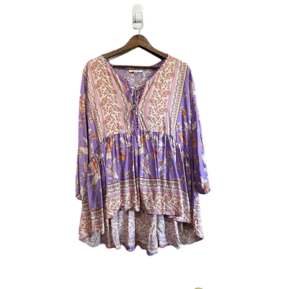 HECCPLI‎ Floral Tunic Top Womens Medium Purple Boho High Low Peasant Blouse